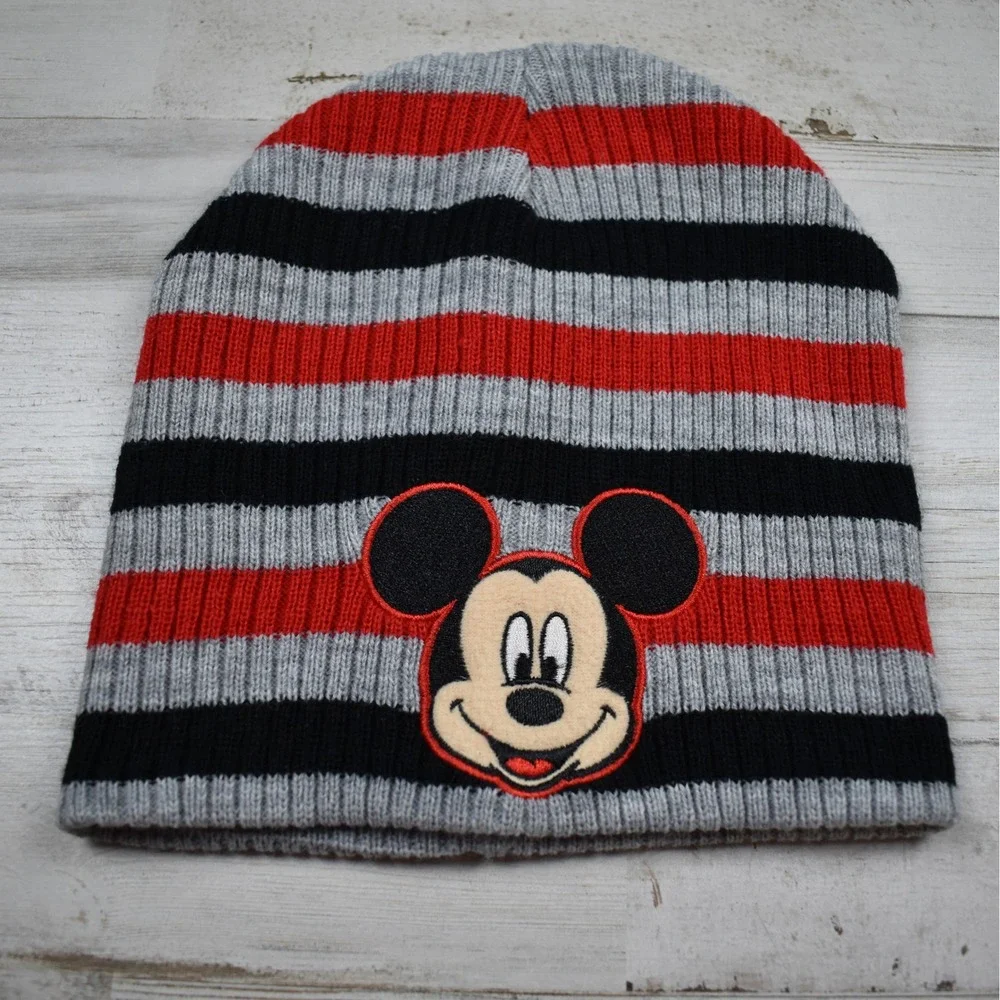 Disney Mickey Mouse Beanie & Mittens Set Boys 2T-5T Gray Red Striped Cozy Winter